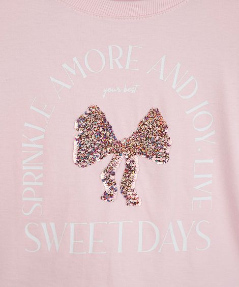 blusa infantil de algodão manga longa com babado estampada rosa