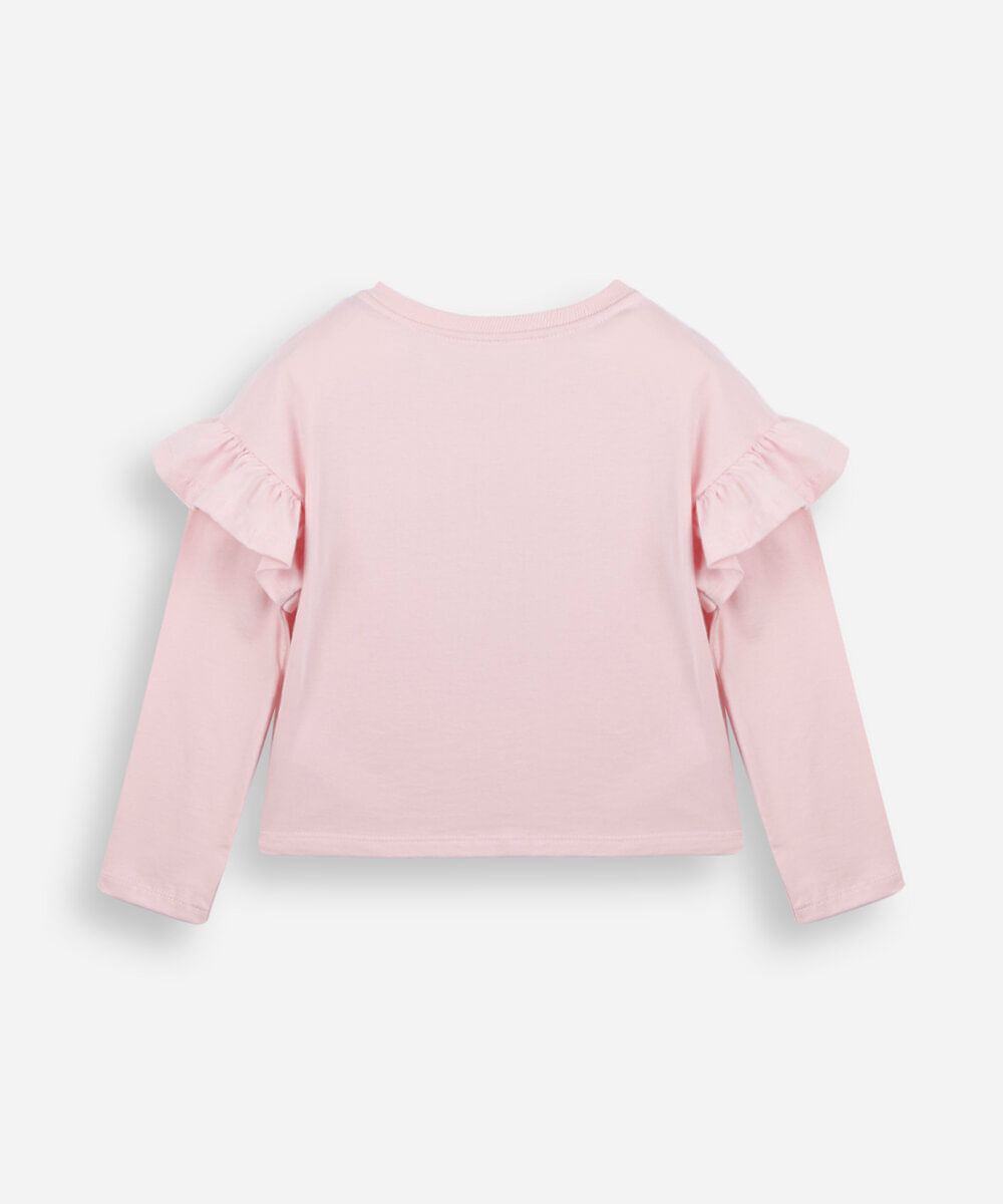blusa infantil de algodão manga longa com babado estampada rosa