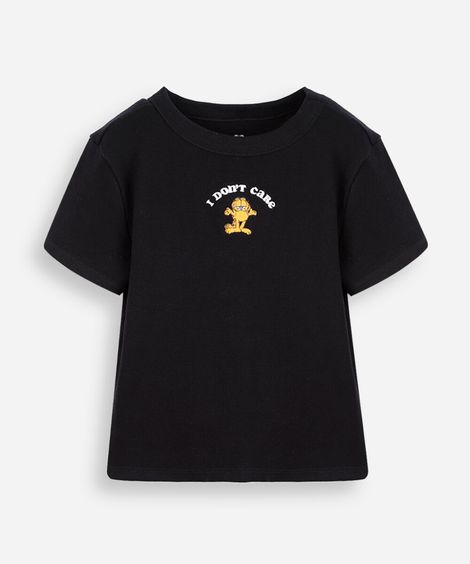 blusa baby look juvenil de algodão garfield preta