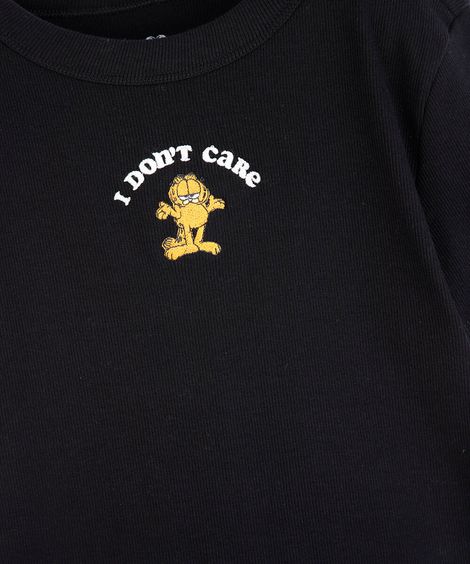 blusa baby look juvenil de algodão garfield preta