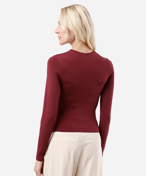 blusa feminina decote v manga longa franzida vinho
