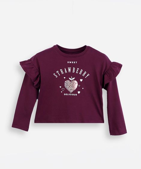 blusa infantil de algodão manga longa com babado estampada vinho