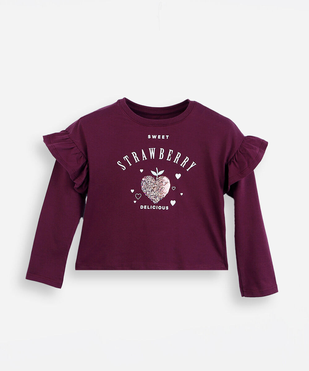 blusa infantil de algodão manga longa com babado estampada vinho