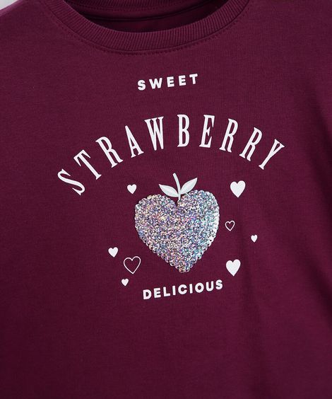blusa infantil de algodão manga longa com babado estampada vinho