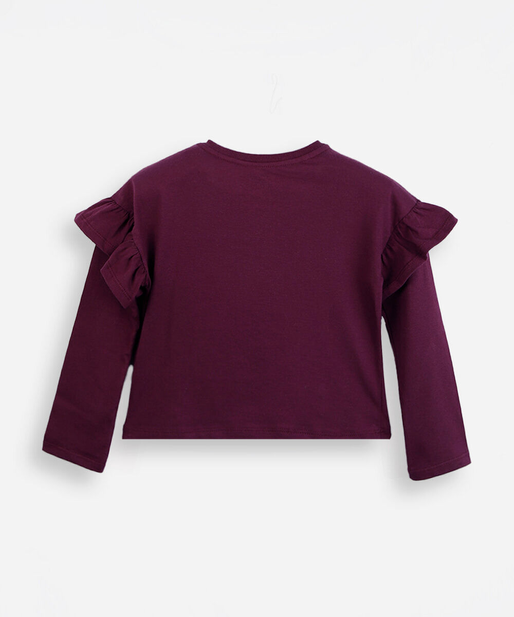 blusa infantil de algodão manga longa com babado estampada vinho