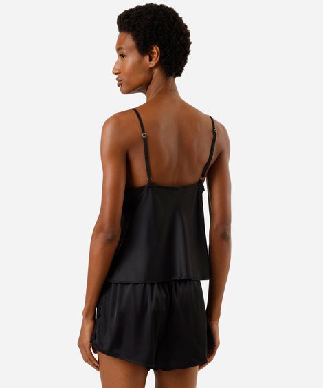 pijama short doll feminino com renda acetinado preto