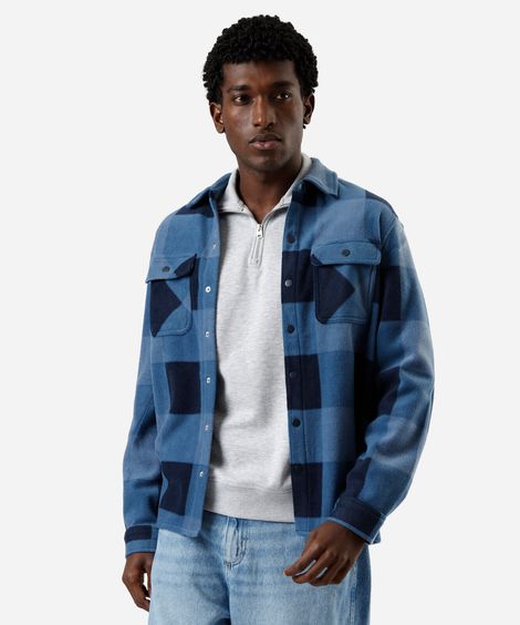 camisa overshirt masculina de fleece manga longa xadrez azul