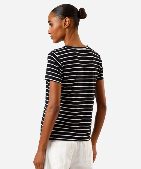 camiseta feminina básica listrada manga curta preta