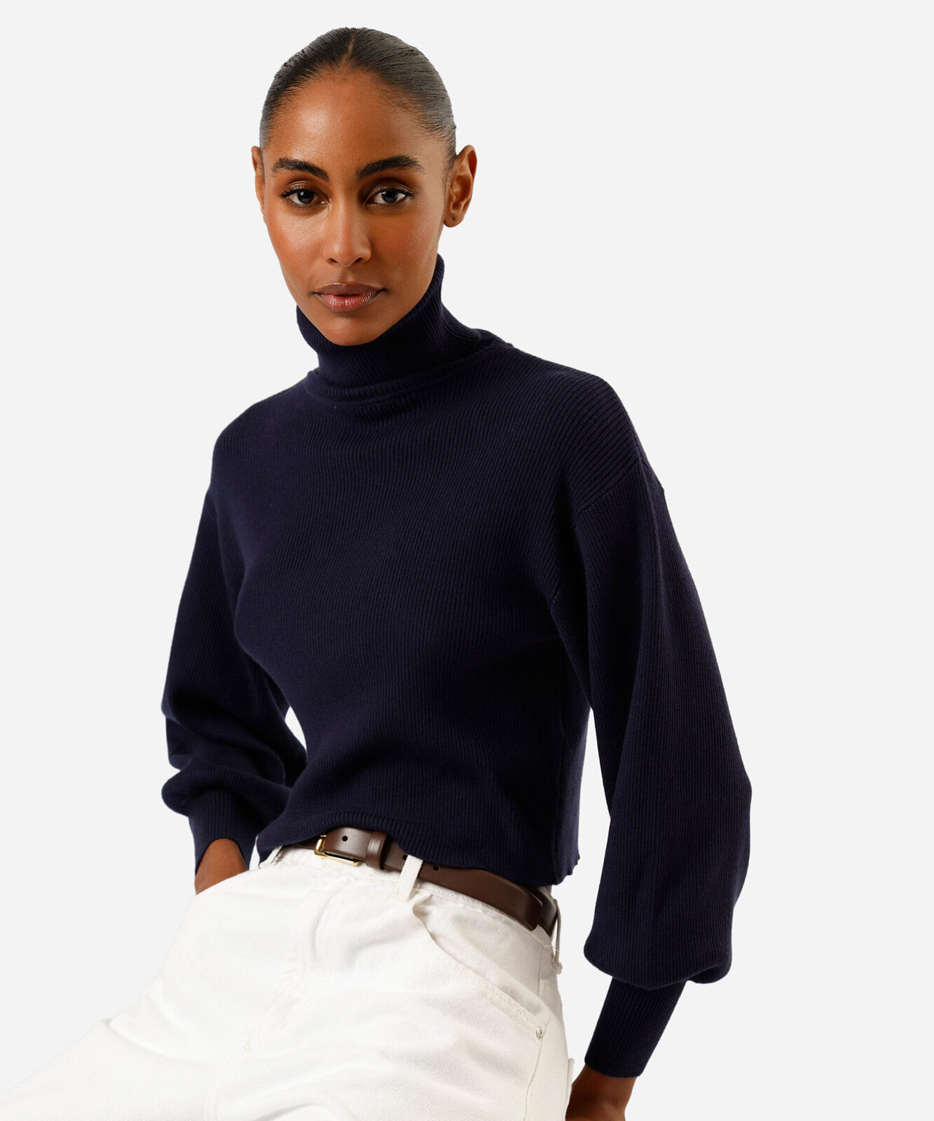 suéter cropped feminino de tricot manga bufante canelado azul