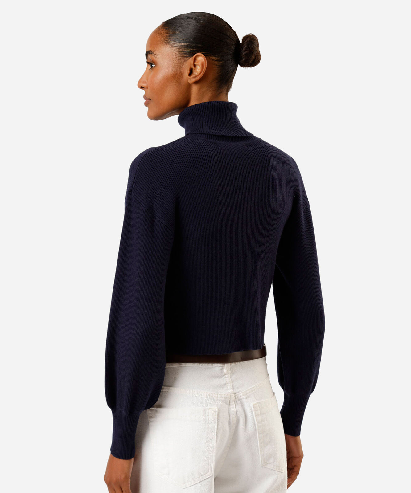 suéter cropped feminino de tricot manga bufante canelado azul