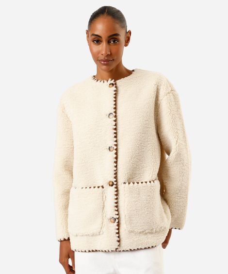 casaco feminino de pelúcia com bolsos bege