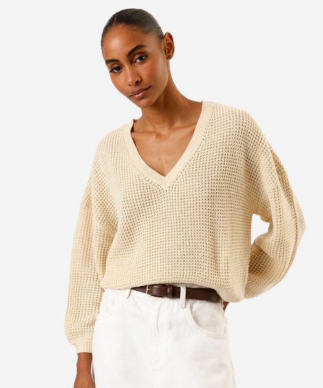 suéter feminino de tricot decote v bege