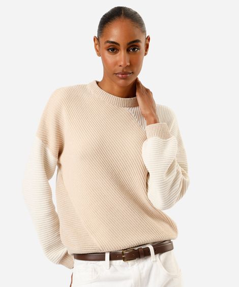 suéter feminino de tricot canelado bicolor bege