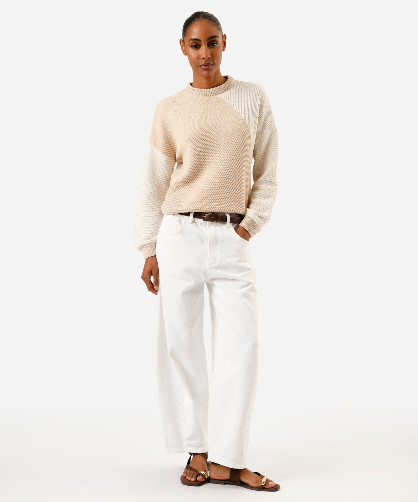 suéter feminino de tricot canelado bicolor bege