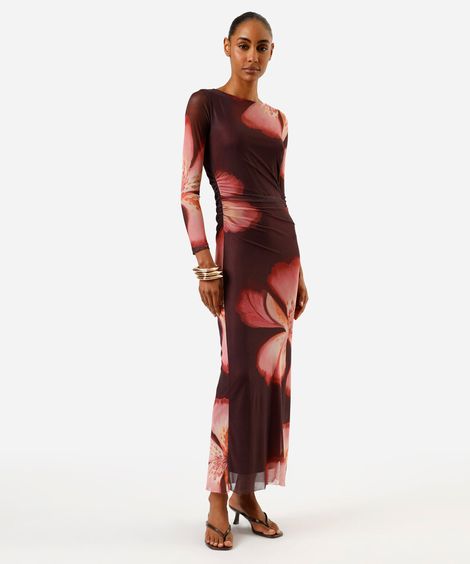vestido midi feminino de tule manga longa franzido floral marrom