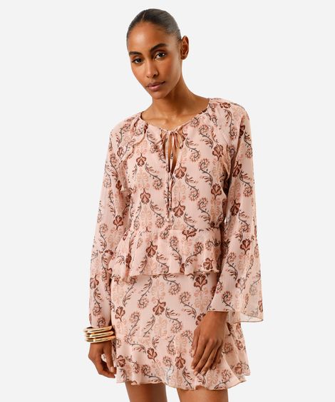 vestido curto feminino manga longa com babados floral bege