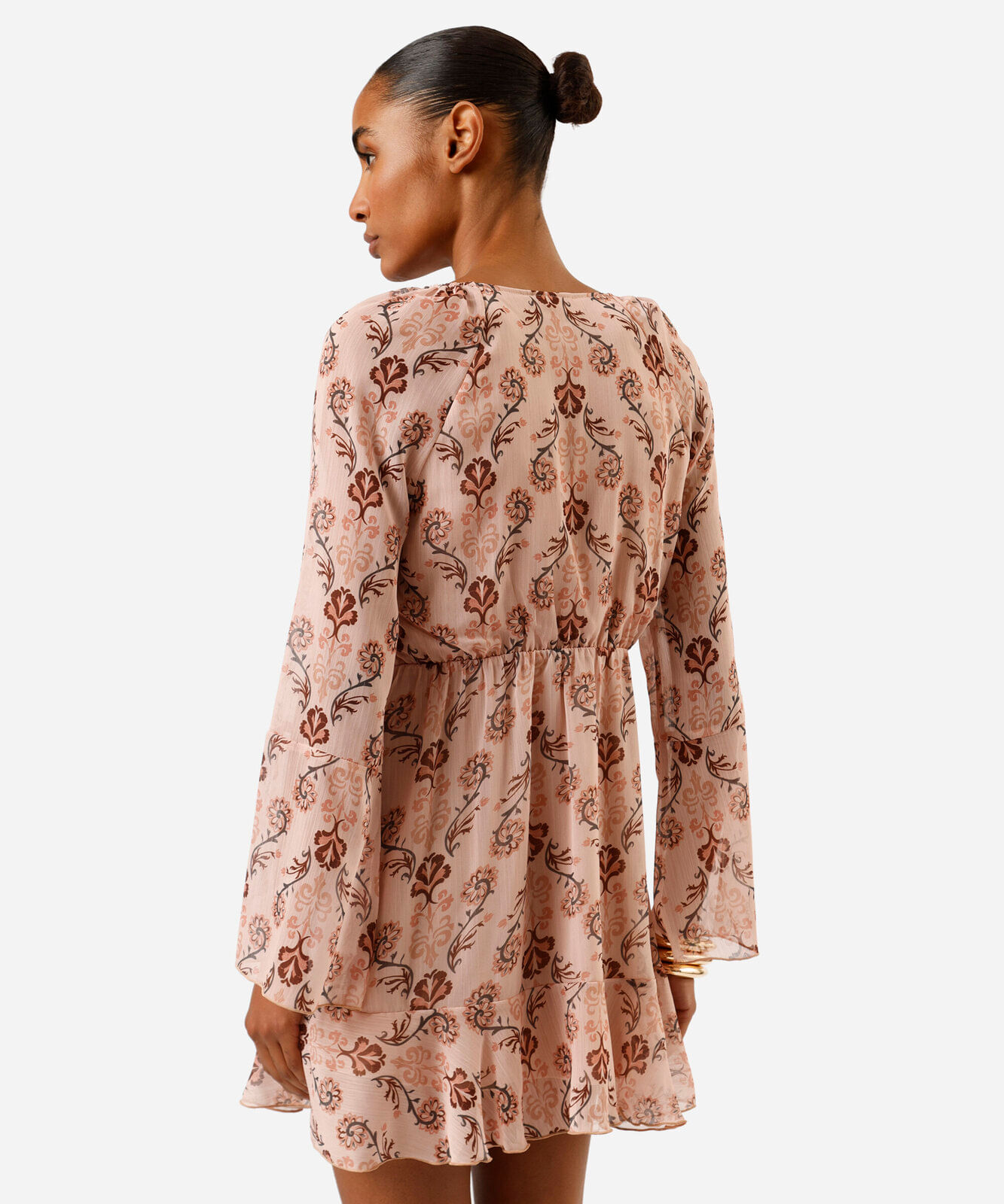 vestido curto feminino manga longa com babados floral bege