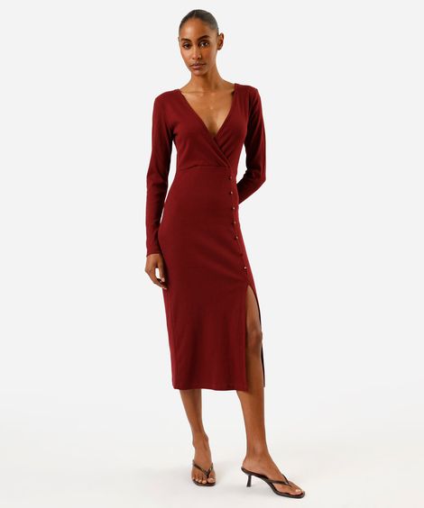 vestido midi feminino de algodão manga longa com fenda canelado  vinho