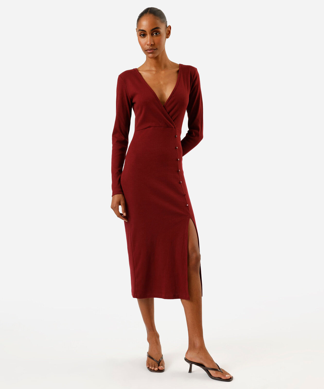 vestido midi feminino de algodão manga longa com fenda canelado  vinho