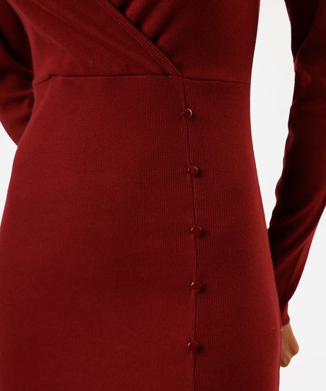 vestido midi feminino de algodão manga longa com fenda canelado  vinho