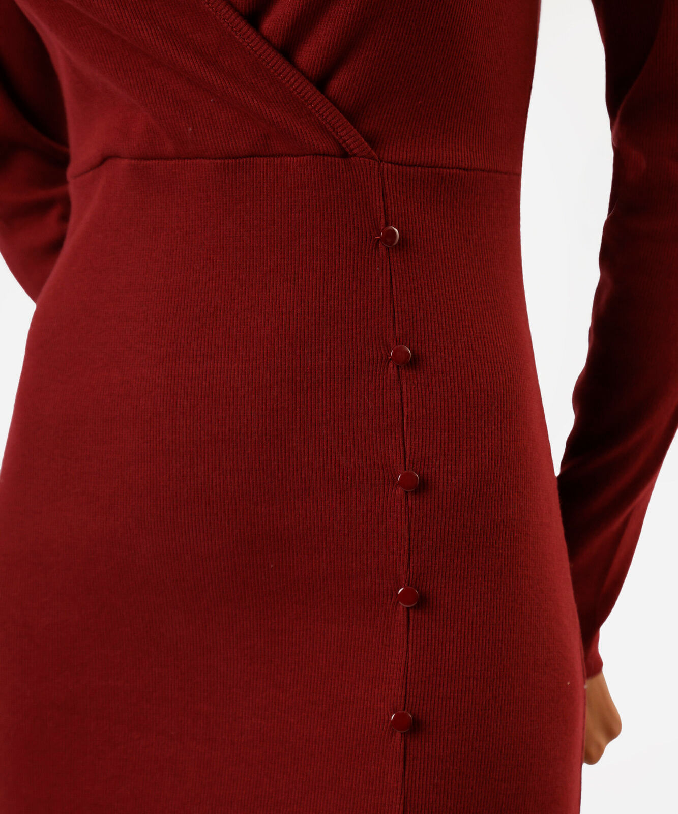 vestido midi feminino de algodão manga longa com fenda canelado  vinho
