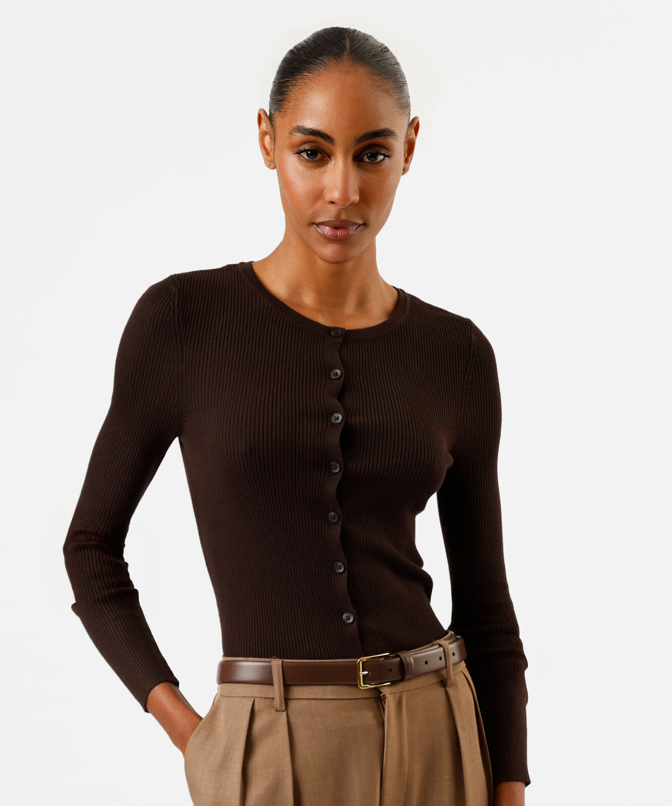 cardigan de tricot feminino canelado marrom