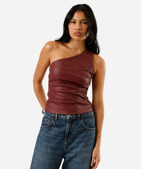 blusa ombro único feminina de pu franzida vinho