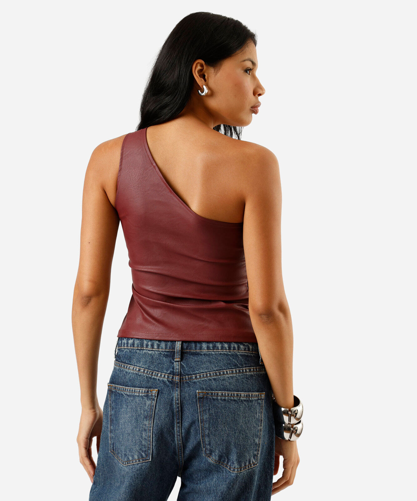 blusa ombro único feminina de pu franzida vinho