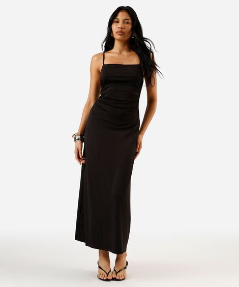vestido longo alça fina feminino franzido preto