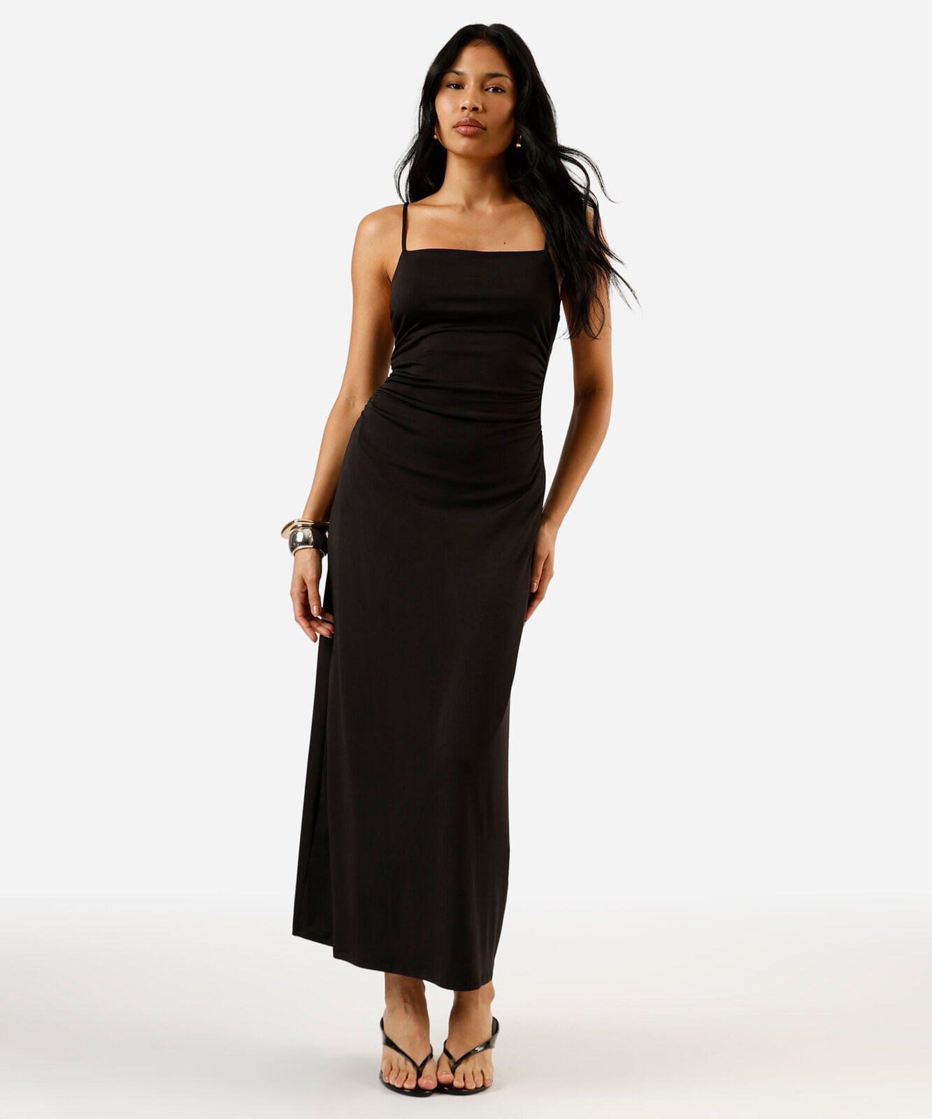 vestido longo alça fina feminino franzido preto
