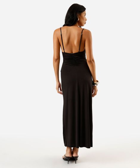 vestido longo alça fina feminino franzido preto