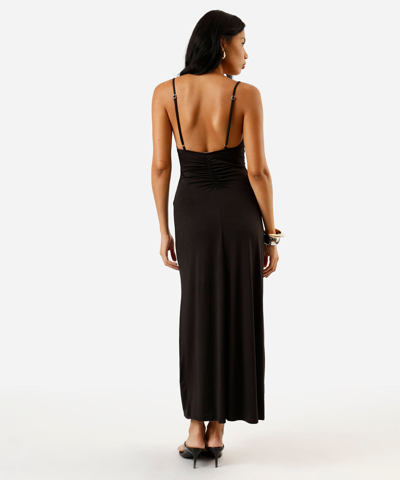 vestido longo alça fina feminino franzido preto