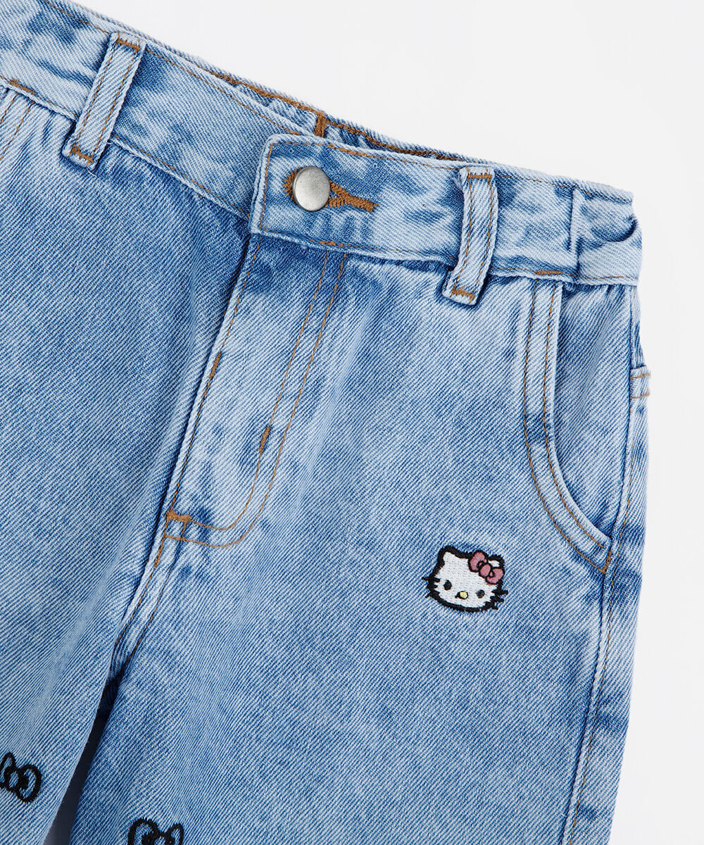 calça clochard infantil jeans bordado hello kitty azul