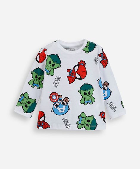 camiseta infantil de algodão manga longa os vingadores off white