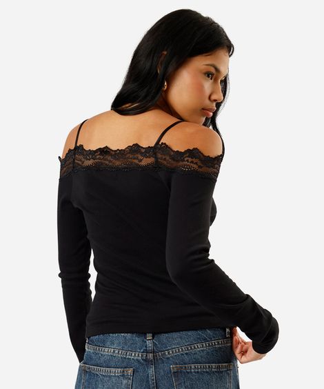 blusa feminina de algodão ombro a ombro canelada com renda preta