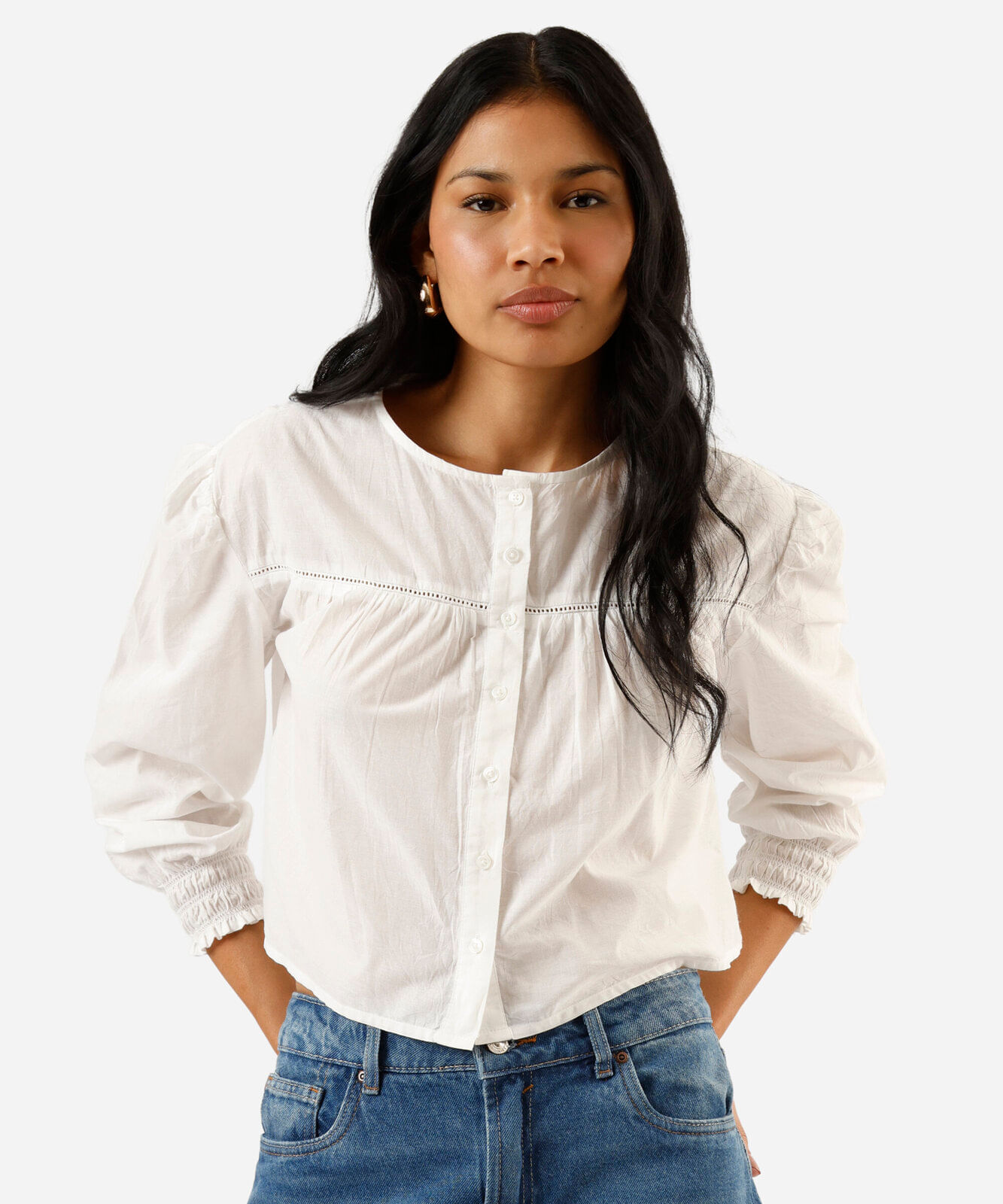 blusa feminina de algodão manga bufante franzida off white