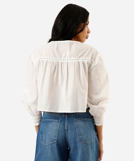 blusa feminina de algodão manga bufante franzida off white