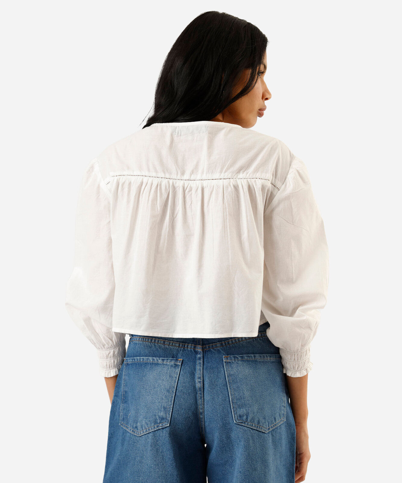 blusa feminina de algodão manga bufante franzida off white