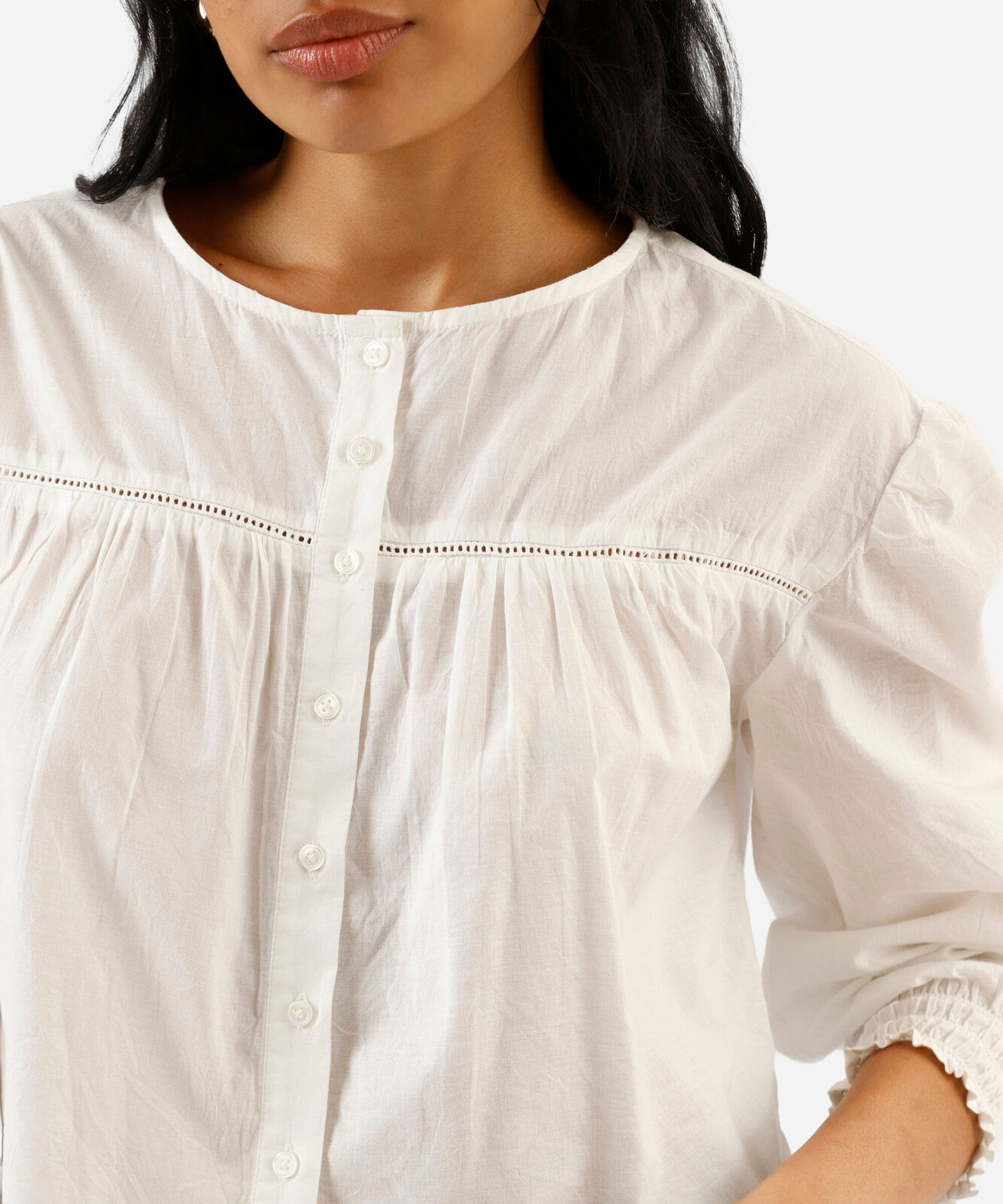 blusa feminina de algodão manga bufante franzida off white