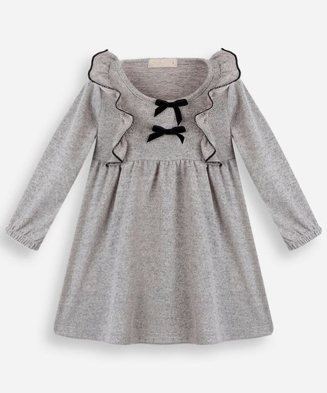 vestido infantil com babados manga longa cinza