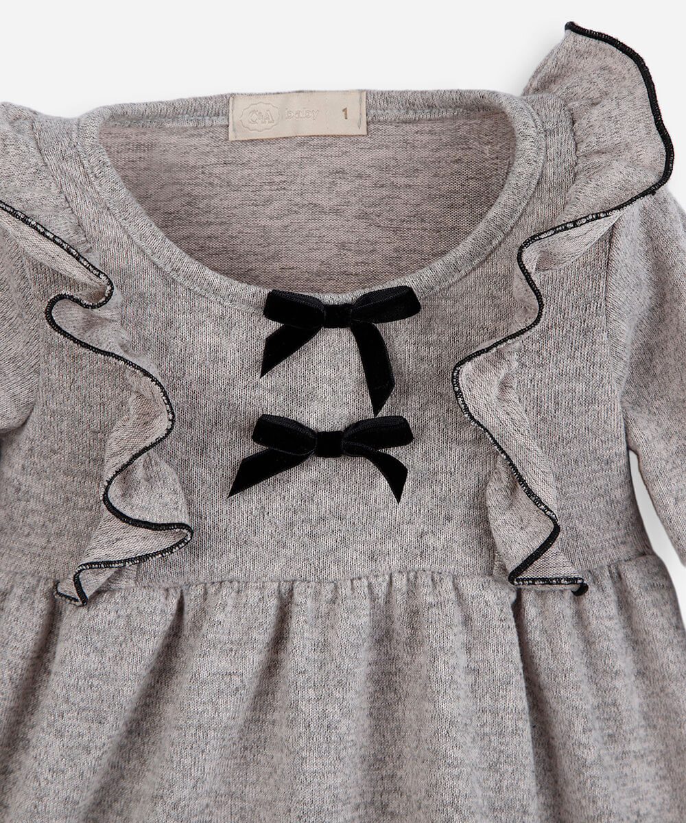 vestido infantil com babados manga longa cinza