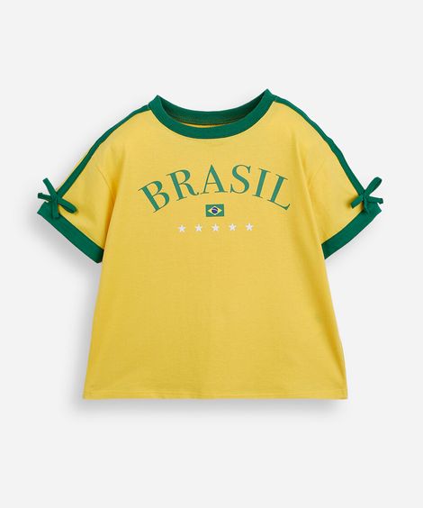 blusa baby look infantil de algodão manga curta brasil amarela