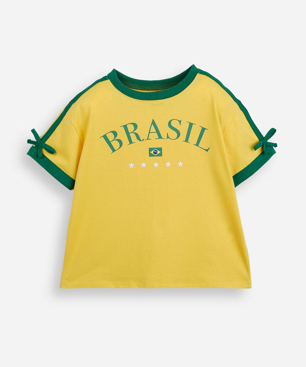 blusa baby look infantil de algodão manga curta brasil amarela