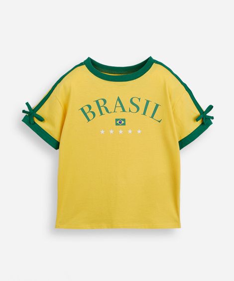 blusa baby look infantil de algodão manga curta brasil amarela
