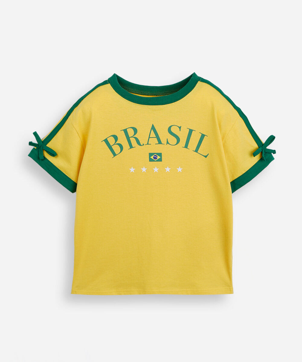 blusa baby look infantil de algodão manga curta brasil amarela