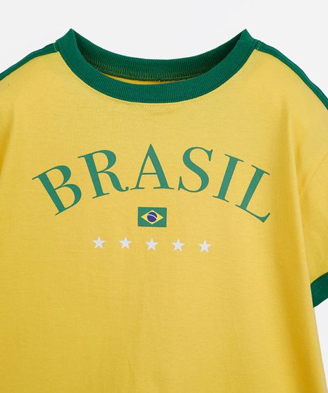 blusa baby look infantil de algodão manga curta brasil amarela