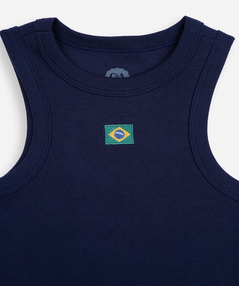 regata juvenil de algodão com bordado brasil azul