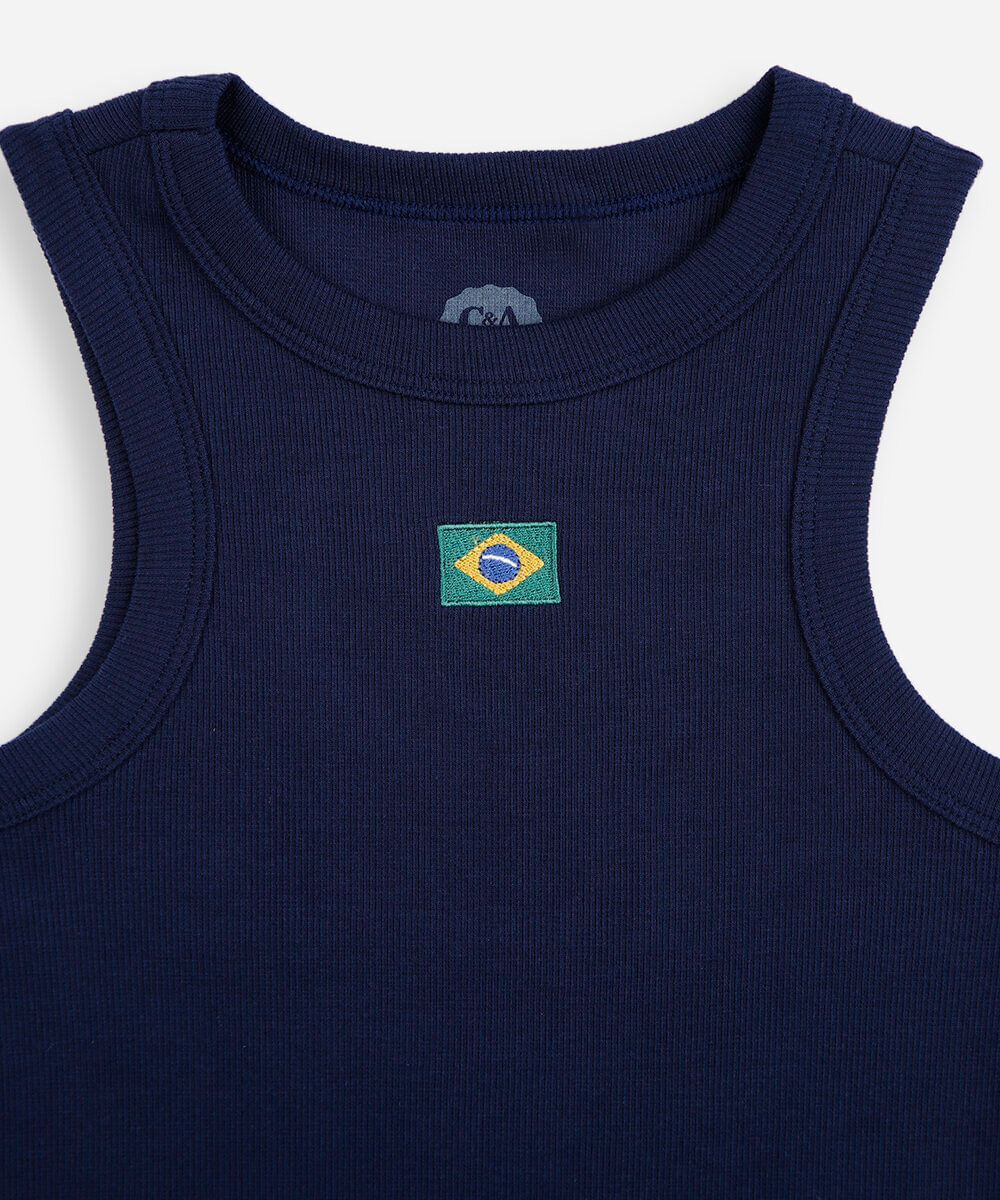regata juvenil de algodão com bordado brasil azul
