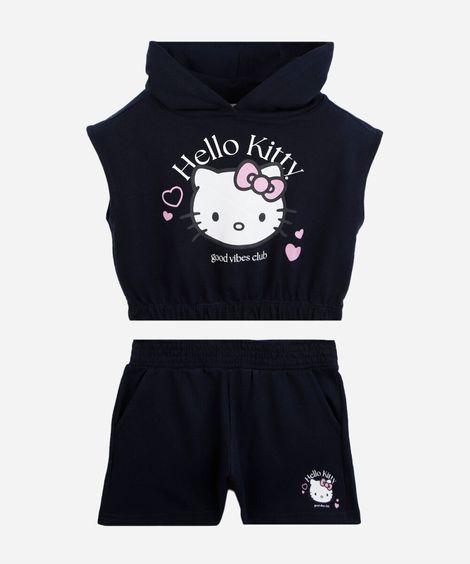 conjunto curto infantil de algodão com capuz hello kitty azul