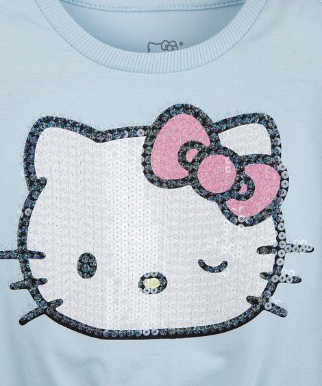 blusa cropped infantil de algodão manga longa hello kitty com paetê azul